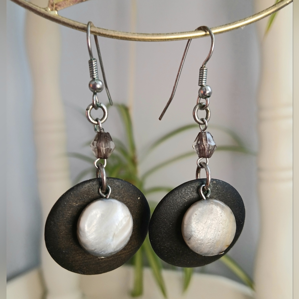 Wood and Shell Mother of Pearl Beaded Dangle Earrings